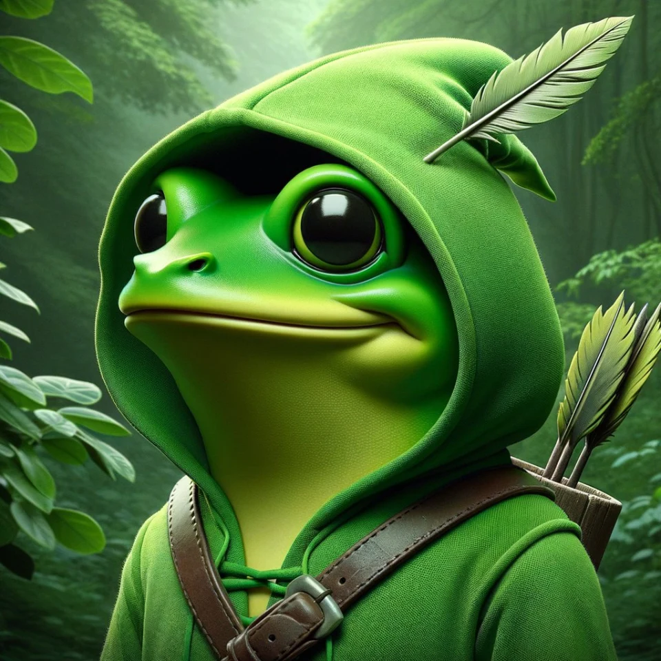 The original green frog in a forest, wearing a hood and feather, with leather straps and a quiver of arrows.